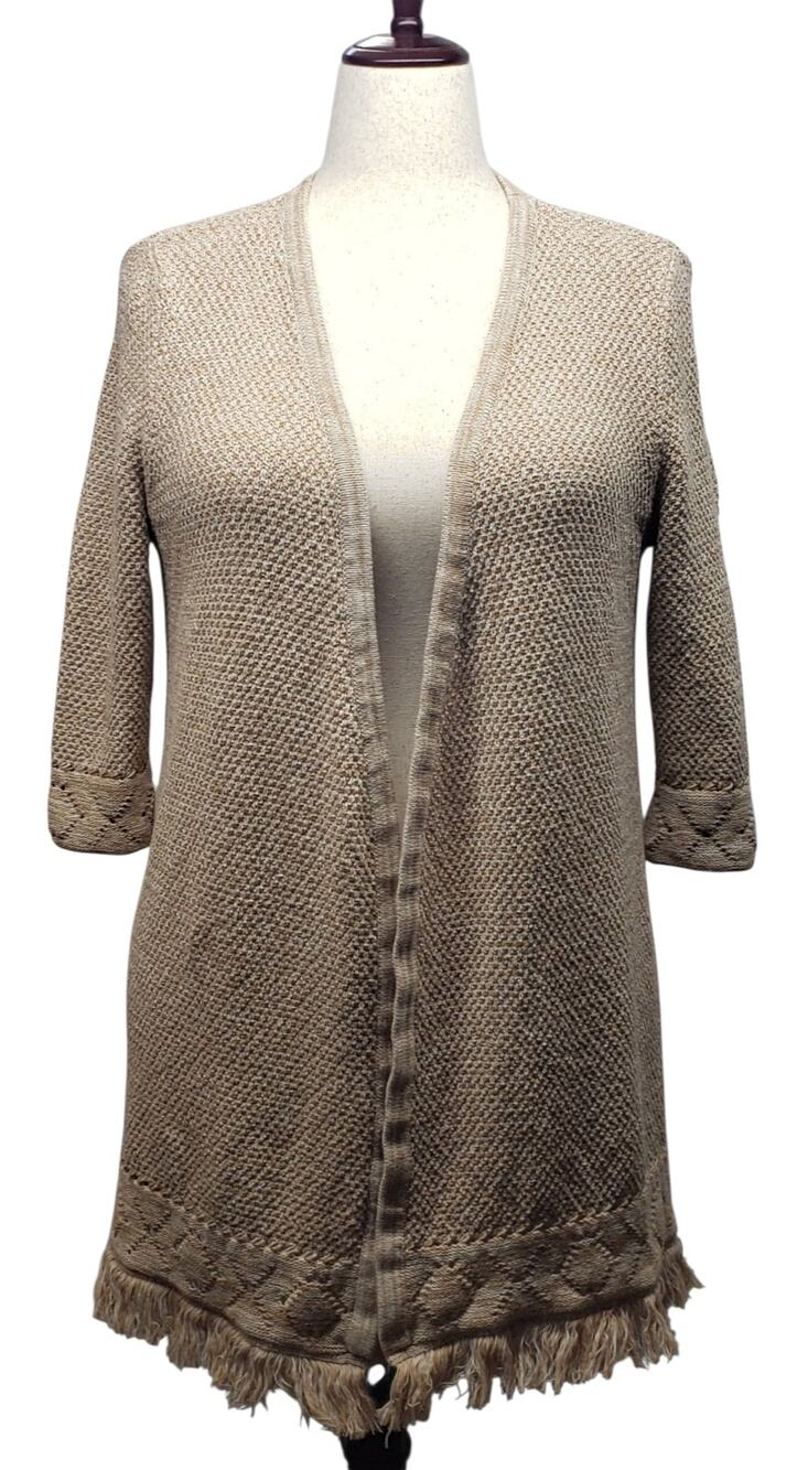 Natural Reflections Knit Cardigan XL Oatmeal Fringe Boho Open Front Sweater